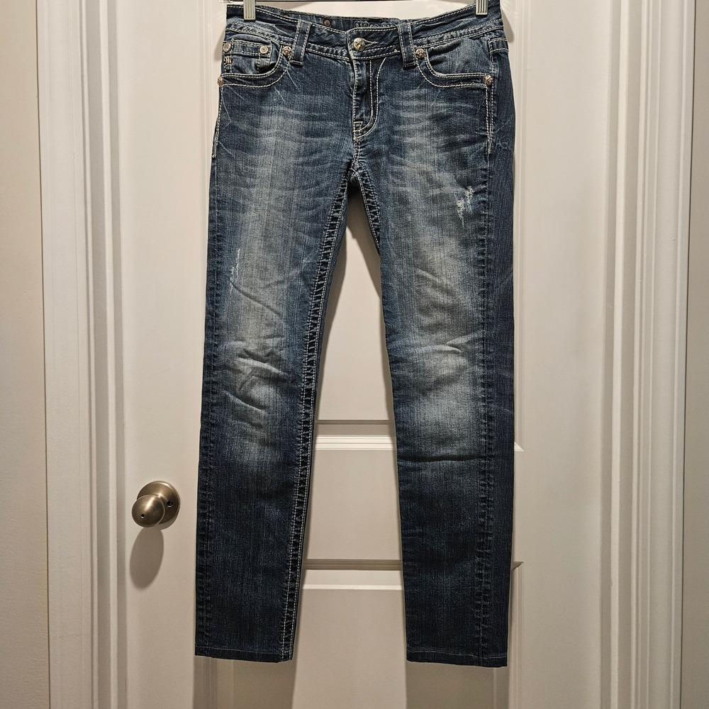 Miss Me Skinny Jeans Womens 29 Blue JP5646S2 Fleur De Lis Embellished Low Rise - Picture 2 of 11